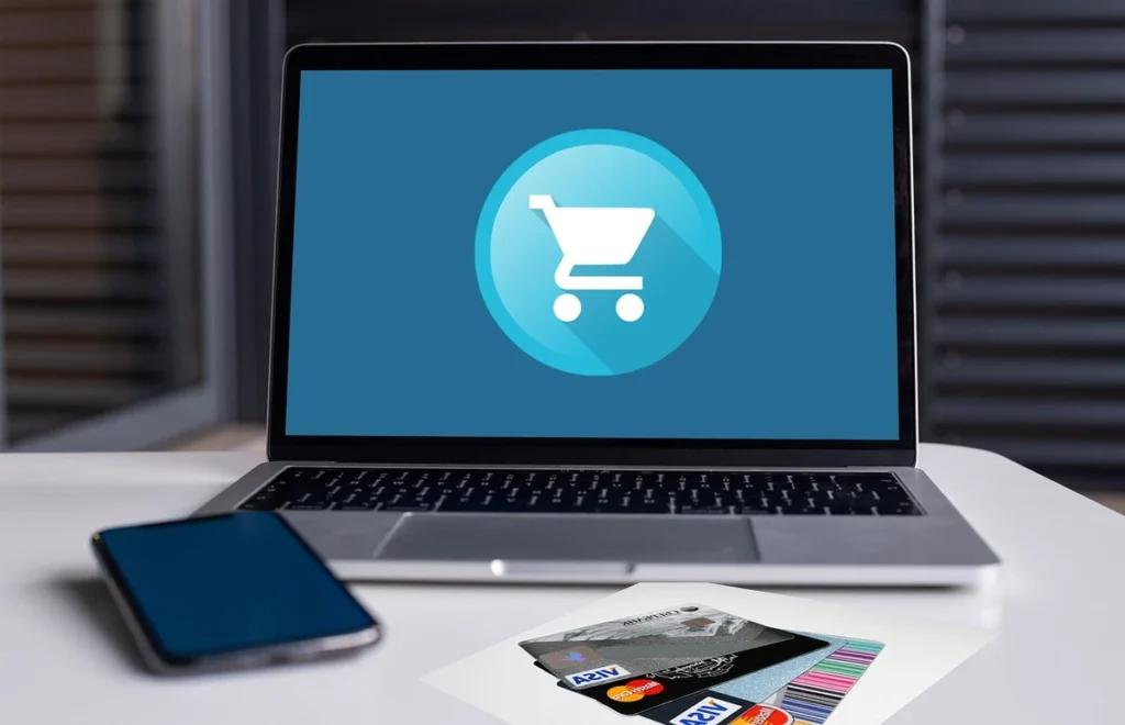 a silver laptop with a bright blue screen displaying a white shopping cart icon inside a light blue circle, a dark blue smartphone lies to the left of the laptop, and a stack of credit cards and a barcode are on the right, all resting on a white table