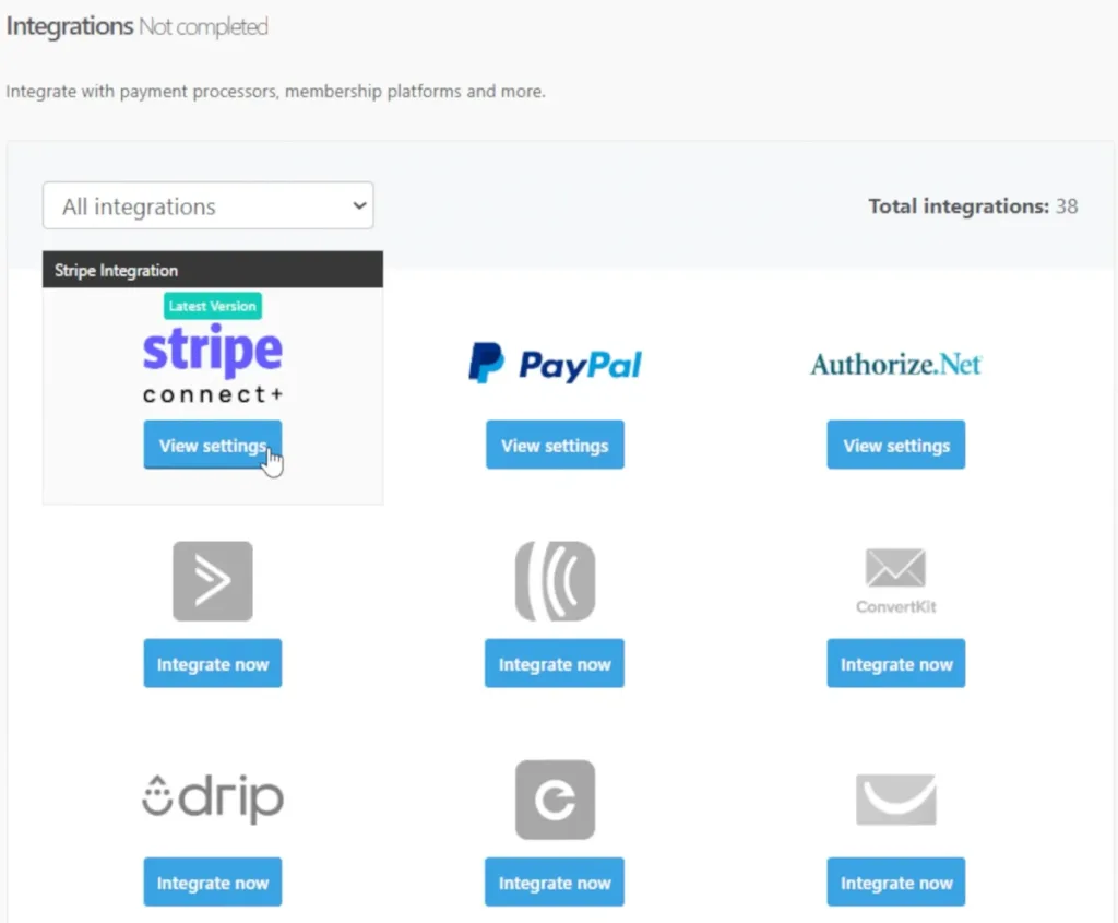 a screenshot of the integrations page, showing various payment processors and membership platforms like stripe connect+, paypal, authorize.net, convertkit, and drip, with a "view settings" button under stripe connect+ and "integrate now" buttons under others