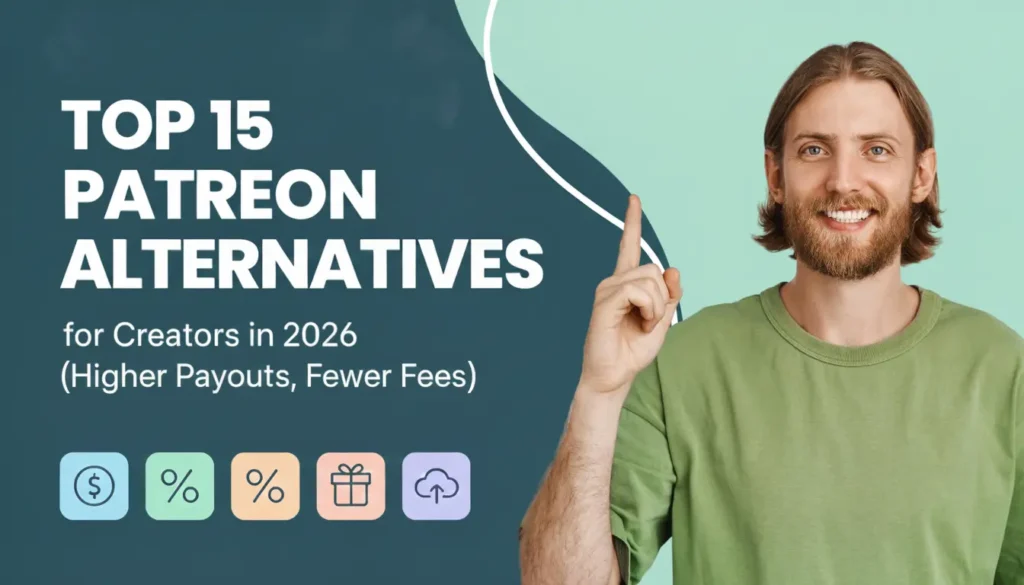 Title card image of a man pointing with the words 'Top 15 Patreon Alternatives for Creators in 2026 (Higher Payouts, Fewer Fees)'